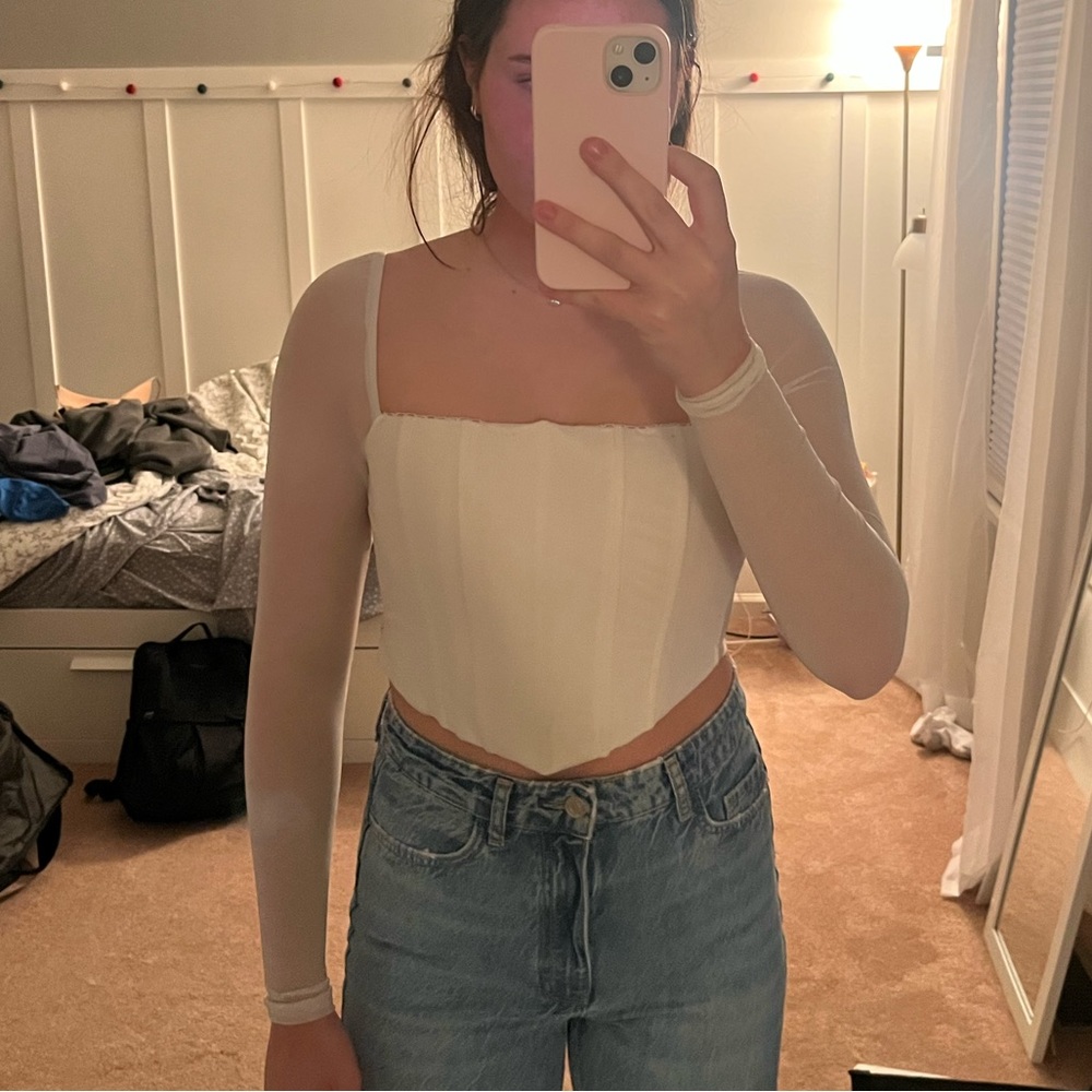 Princess Polly White Mesh Long-sleeve Corset Top